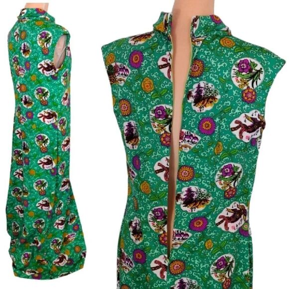 VTG 60s Handmade Green Groovy Floral Print High Neck Maxi Dress Large - Picture 10 of 16